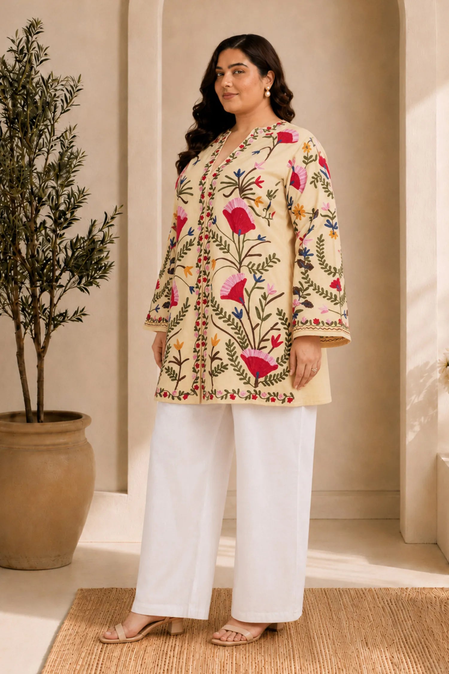 Plus Size - Kashmiri Aari Work Cotton Kurta Jacket – Beige