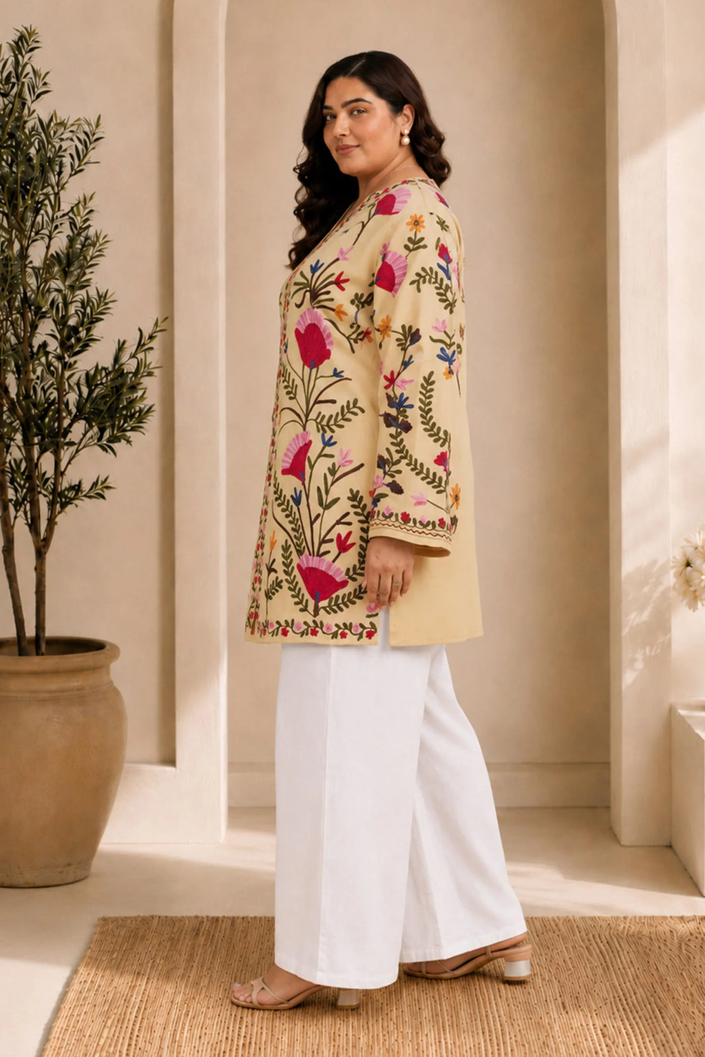 Plus Size - Kashmiri Aari Work Cotton Kurta Jacket – Beige
