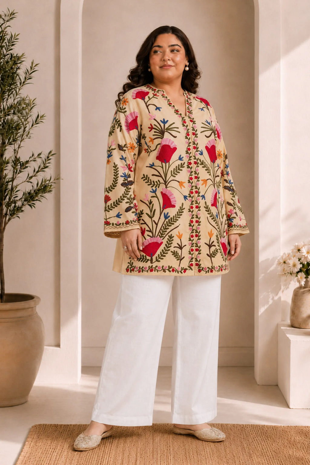 Plus Size - Kashmiri Aari Work Cotton Kurta Jacket – Beige