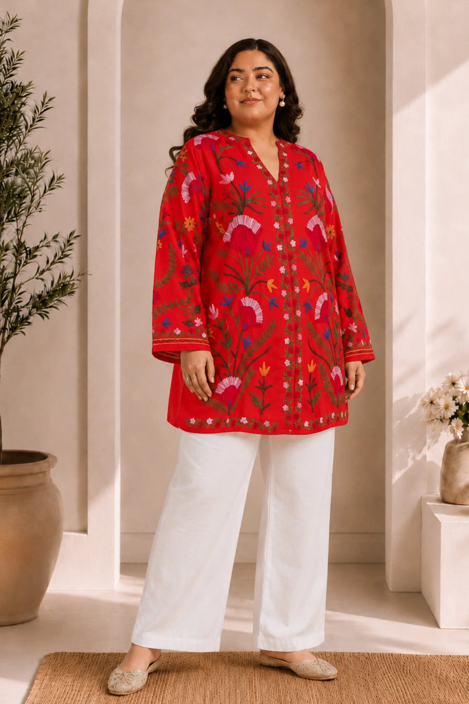 Plus Size - Kashmiri Aari Work Cotton Kurta Jacket – Red