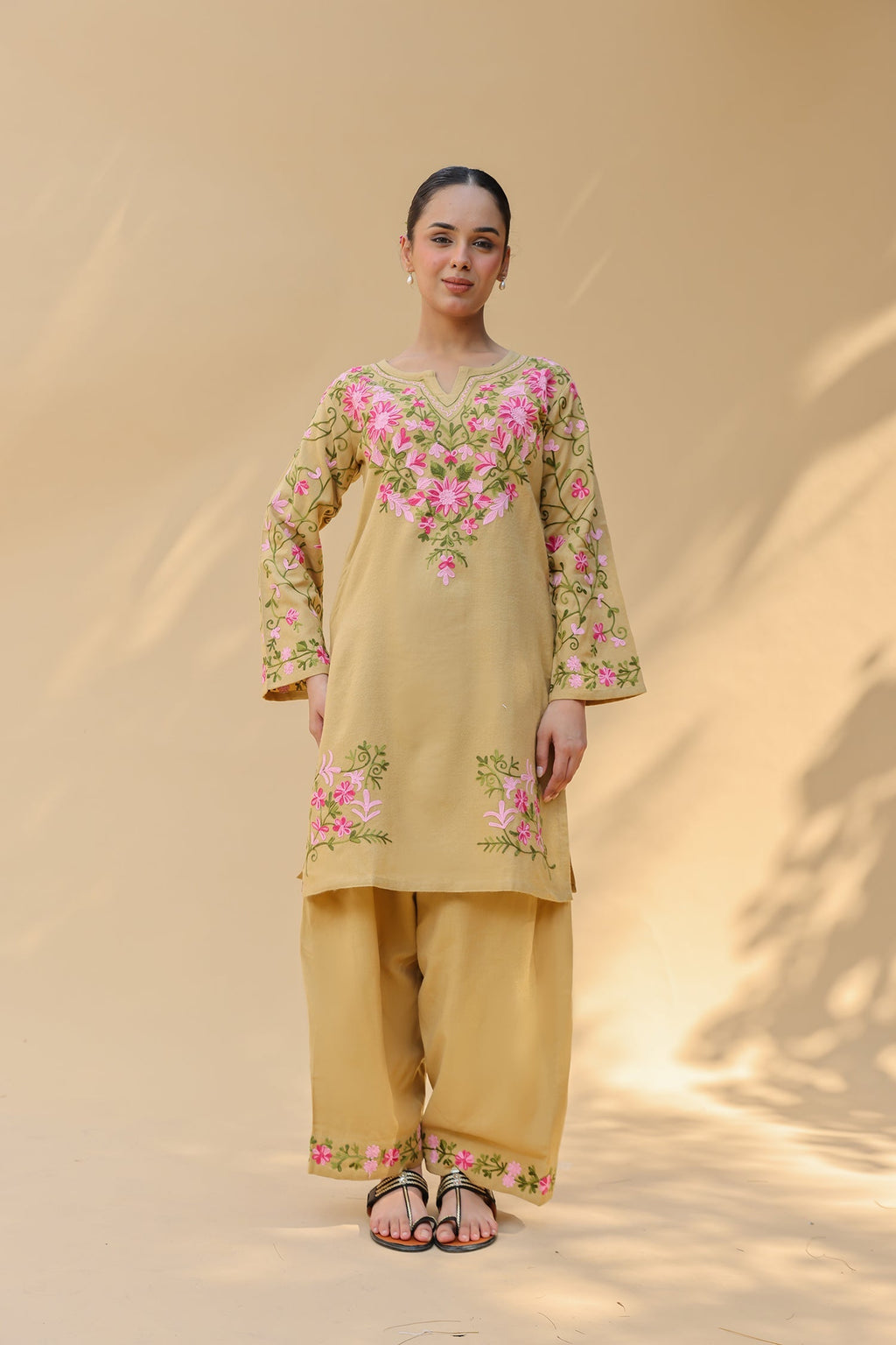 Cotton Kashmiri Aari Kurta Set – Beige with Farsi Bottoms