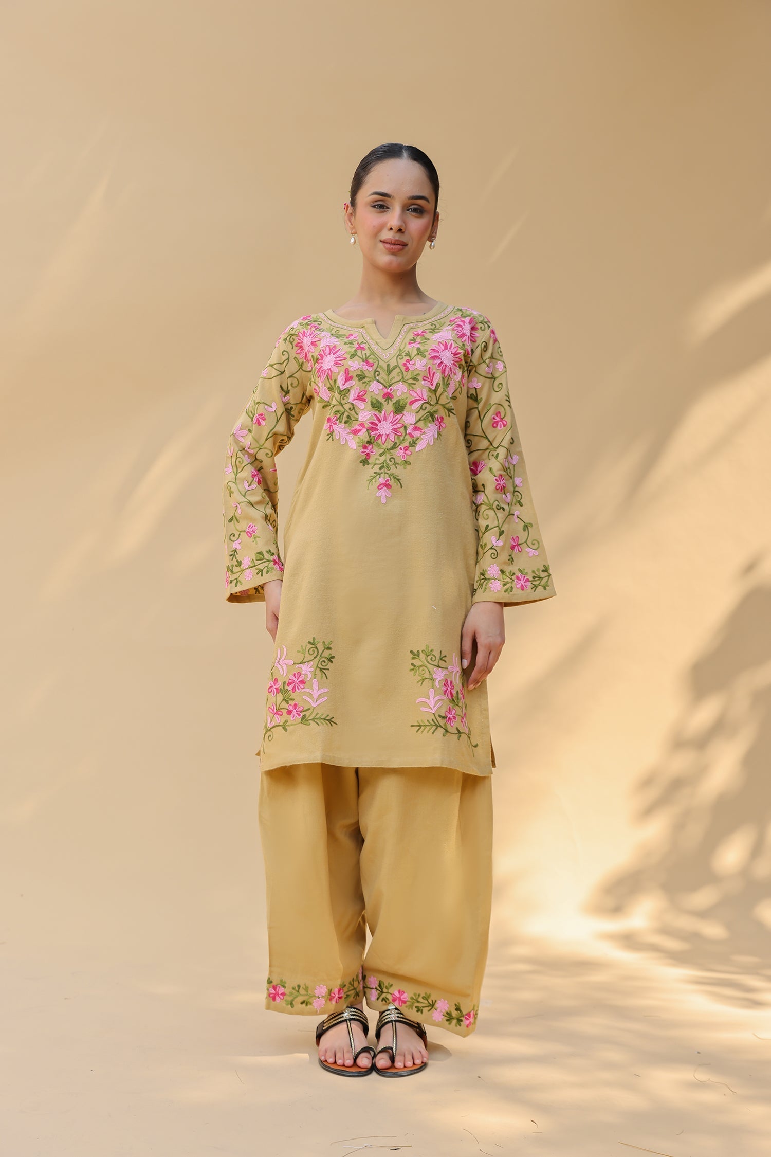 Cotton Kashmiri Aari Kurta Set – Beige with Farsi Bottoms