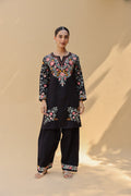 Plus Size - Cotton Kashmiri Aari Embroidered Kurta Set – Black with Farsi Bottoms