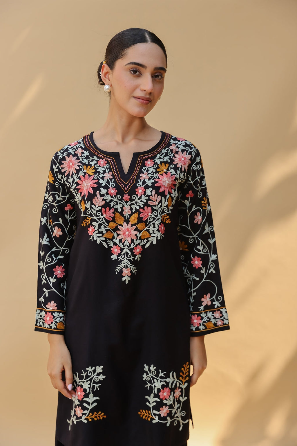 Cotton Kashmiri Aari Embroidered Kurta Set – Black with Farsi Bottoms