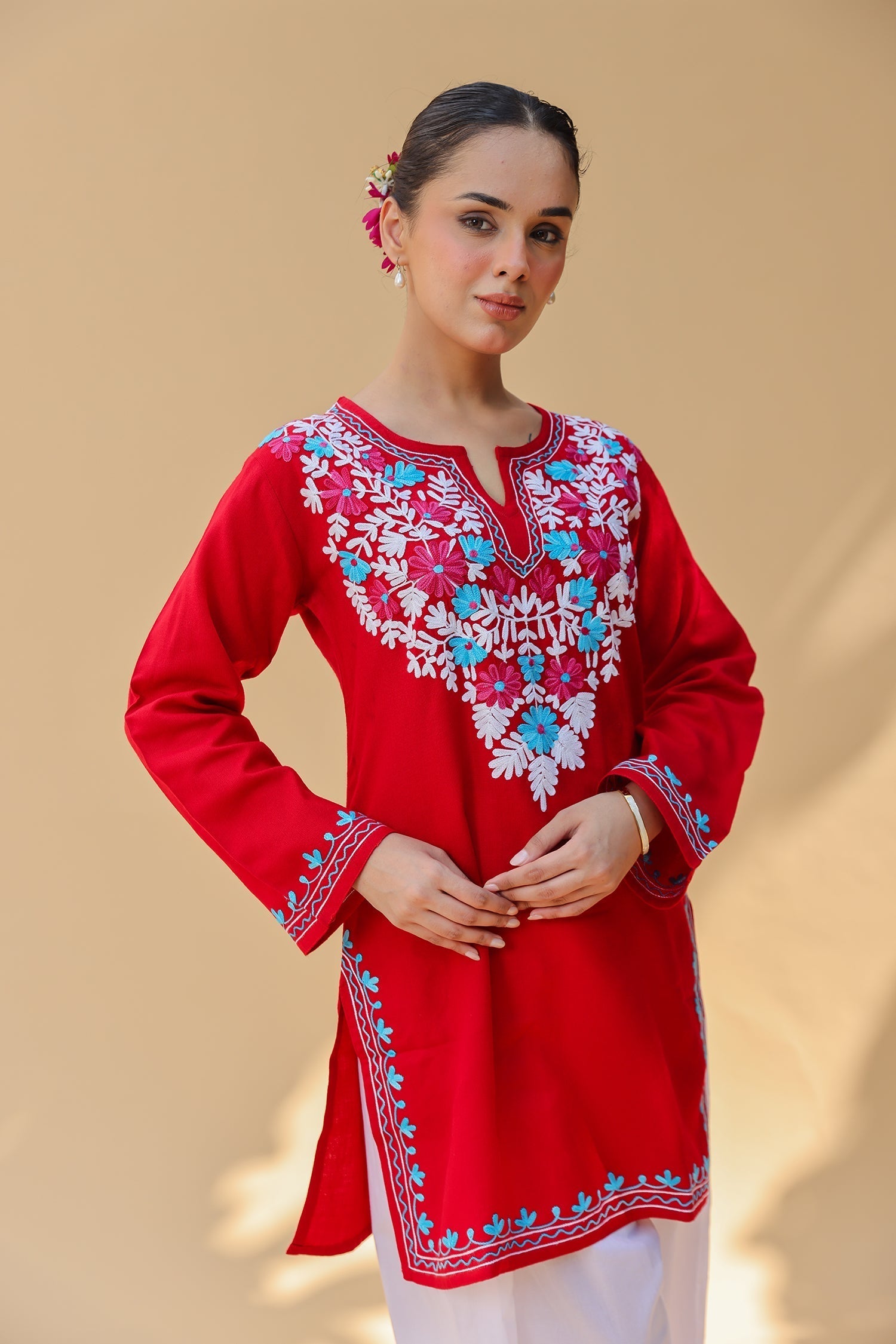 Cotton Kashmiri Aari Short Kurta – Red
