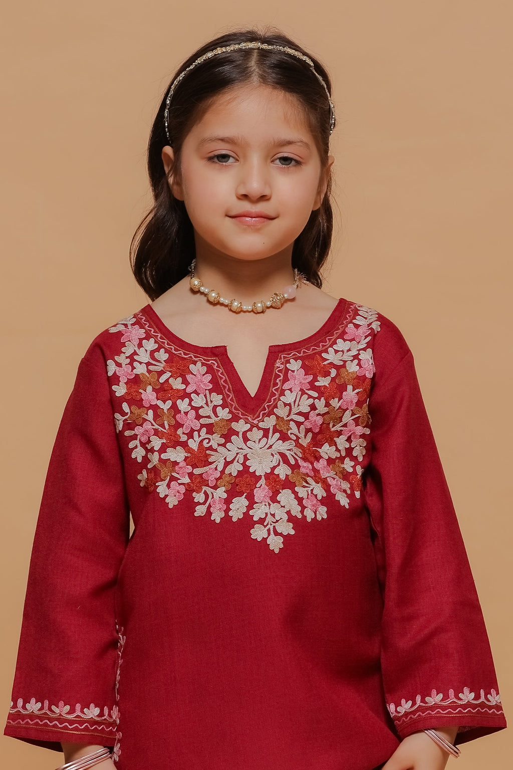 Kids Maroon Cotton Short Kurta with Kashmiri Aari Work
