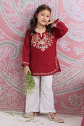 Kids Maroon Cotton Short Kurta with Kashmiri Aari Work