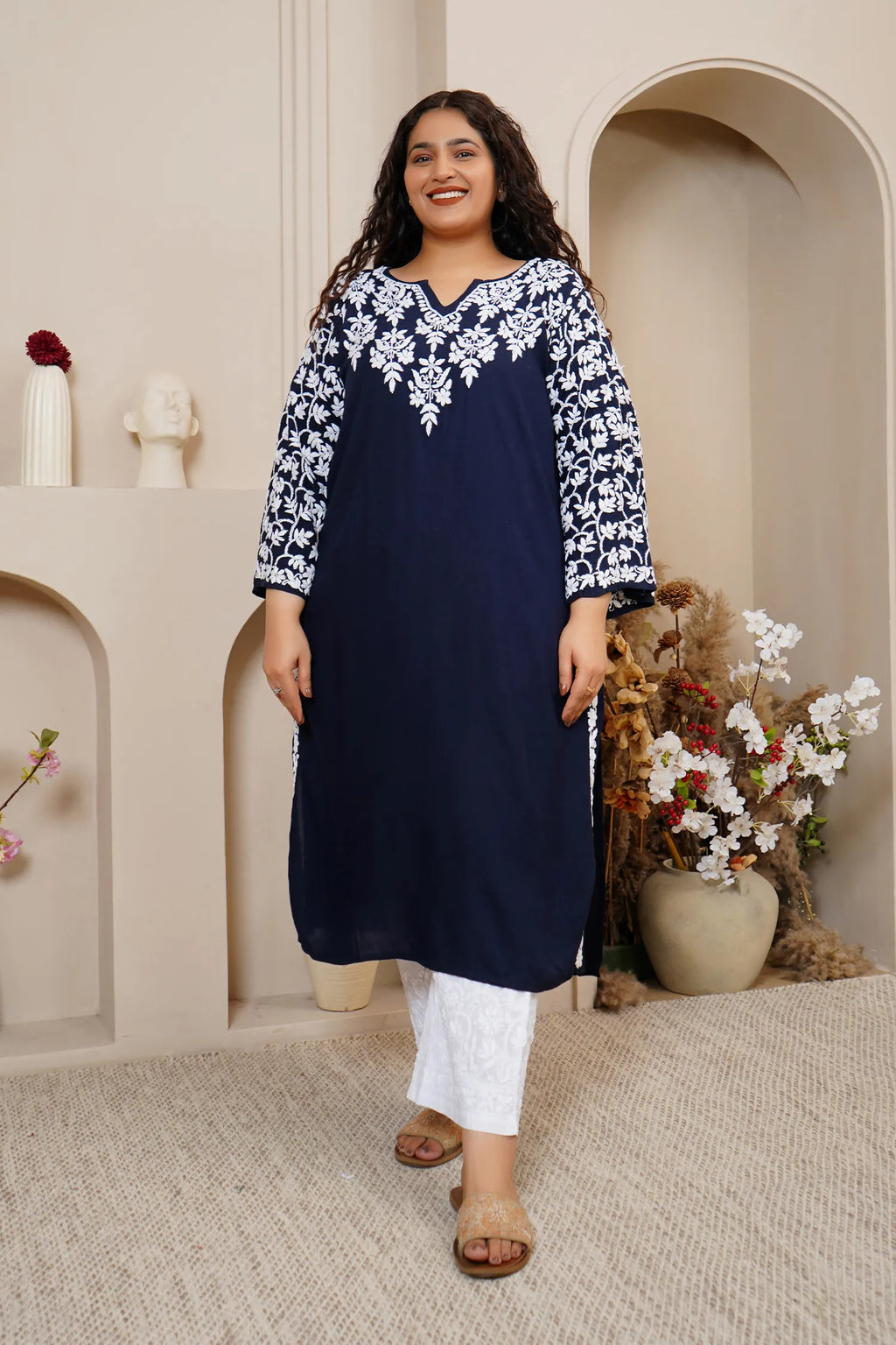Plus Size - Fizaa Chikankari Elegant Blue Modal Cotton Kurta