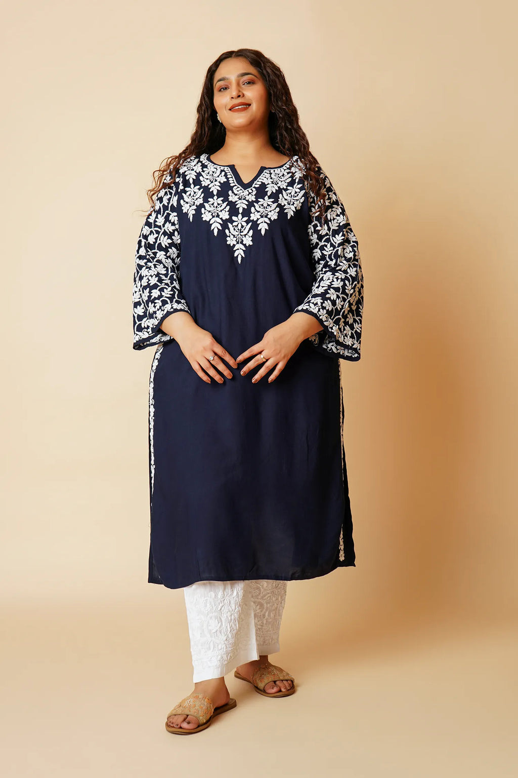 Plus Size - Fizaa Chikankari Elegant Blue Modal Cotton Kurta
