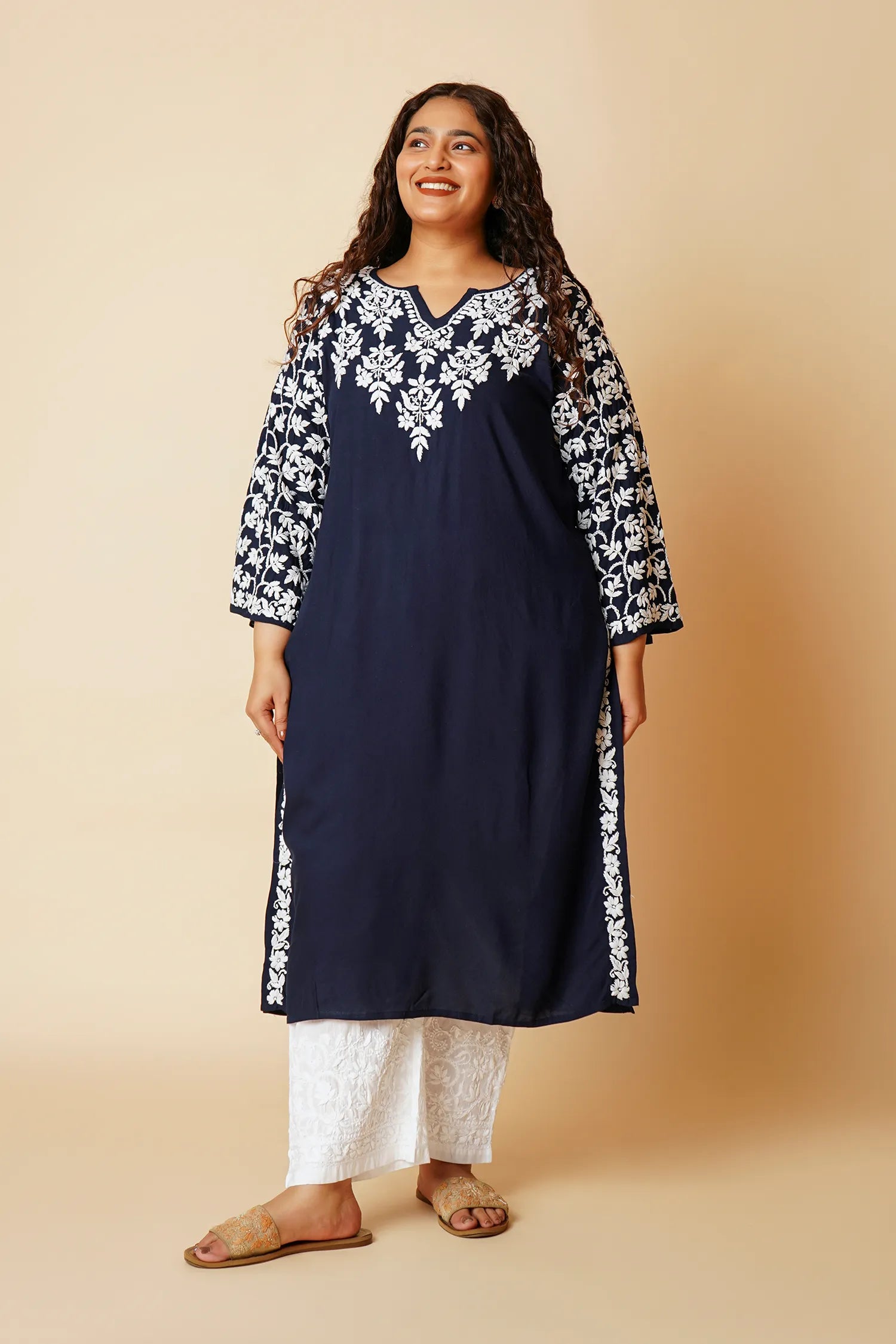 Plus Size - Fizaa Chikankari Elegant Blue Modal Cotton Kurta
