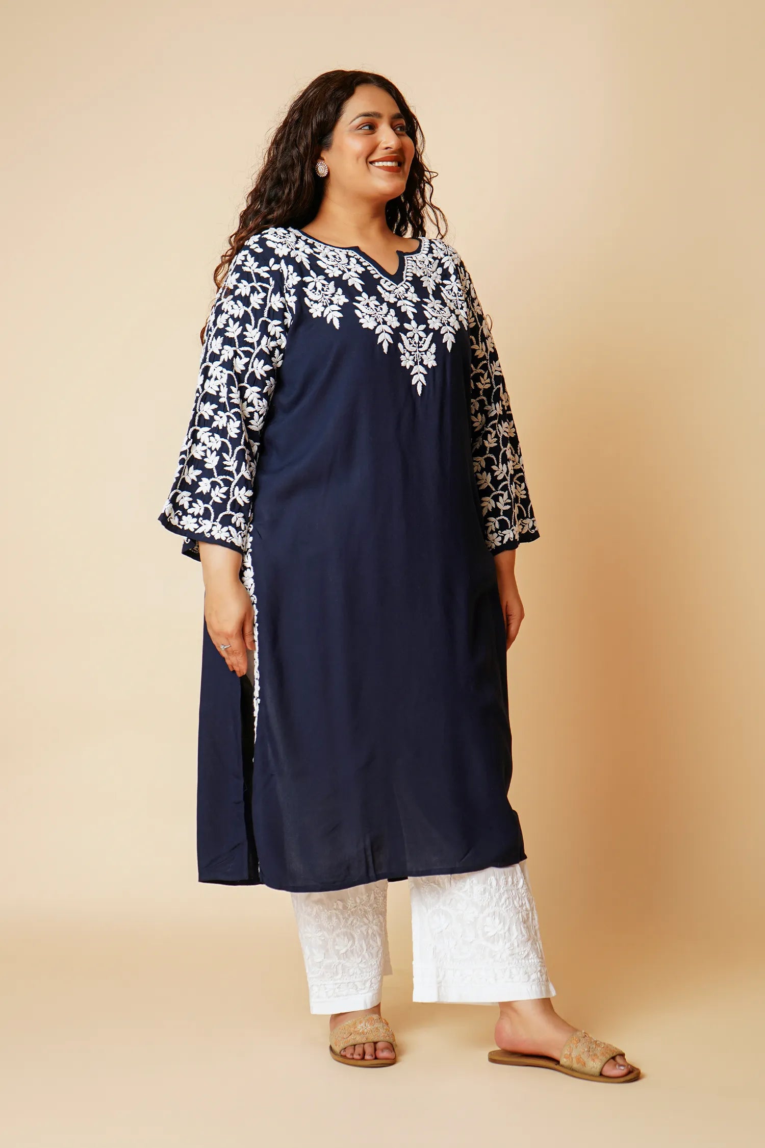 Plus Size - Fizaa Chikankari Elegant Blue Modal Cotton Kurta