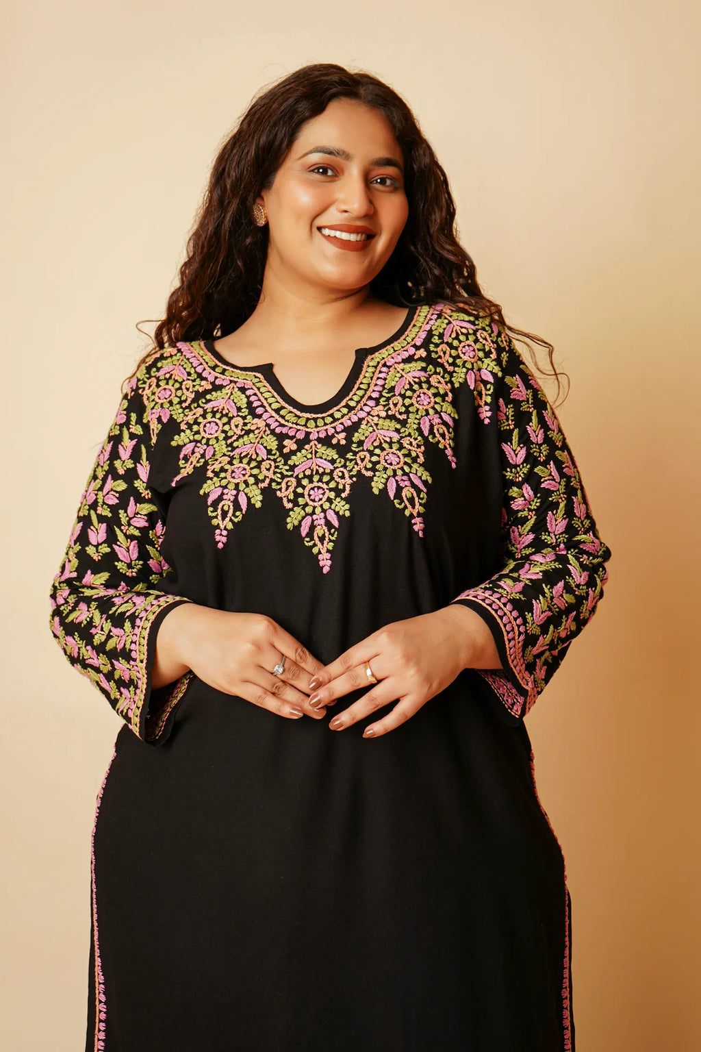 Plus Size - HOK Saba Chikankari Long Kurta in Rayon Cotton - Black