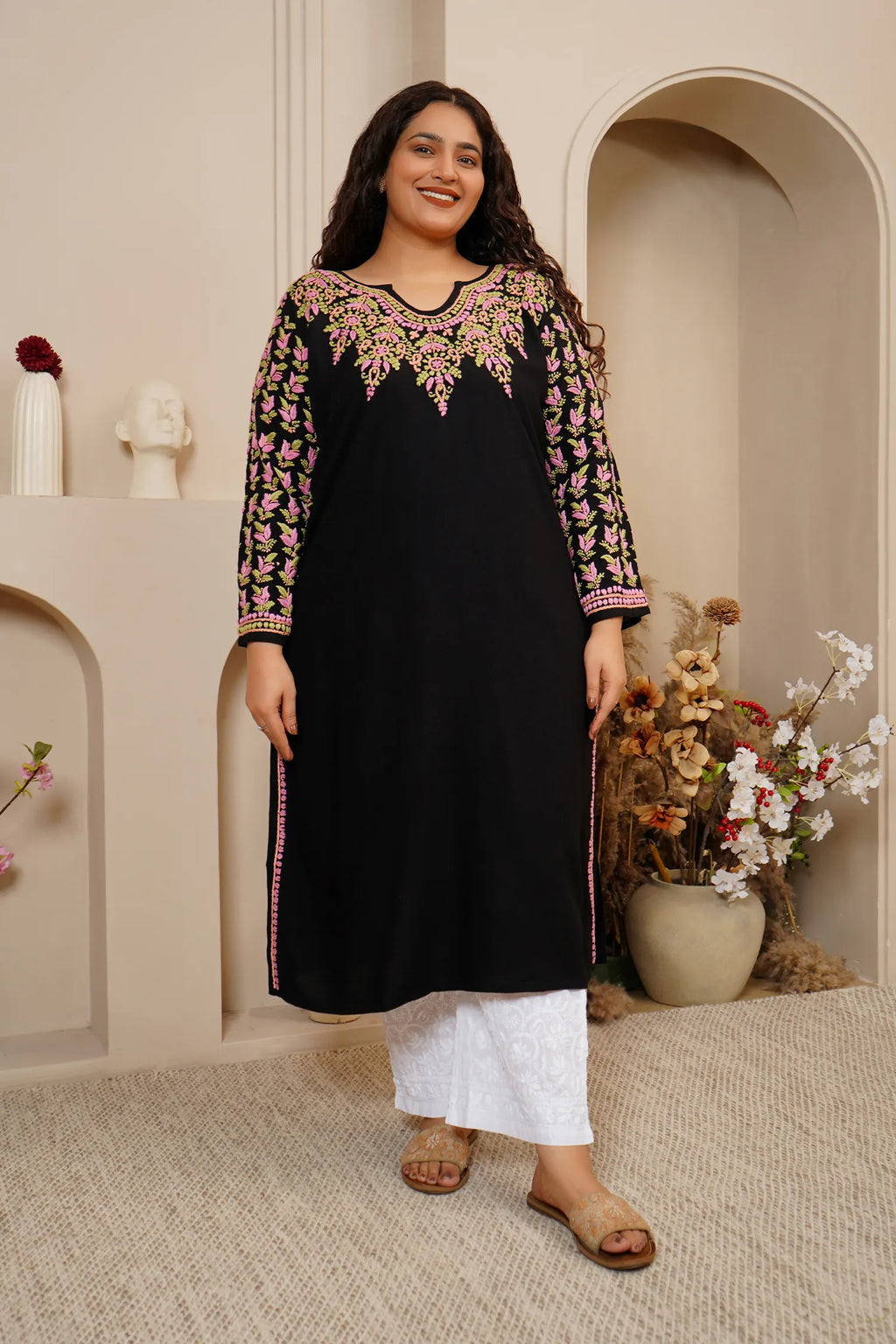 Plus Size - HOK Saba Chikankari Long Kurta in Rayon Cotton - Black