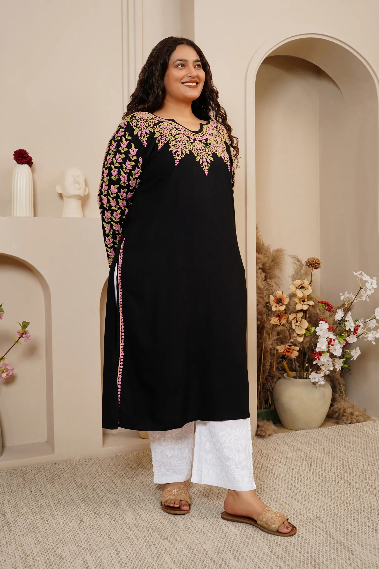 Plus Size - HOK Saba Chikankari Long Kurta in Rayon Cotton - Black