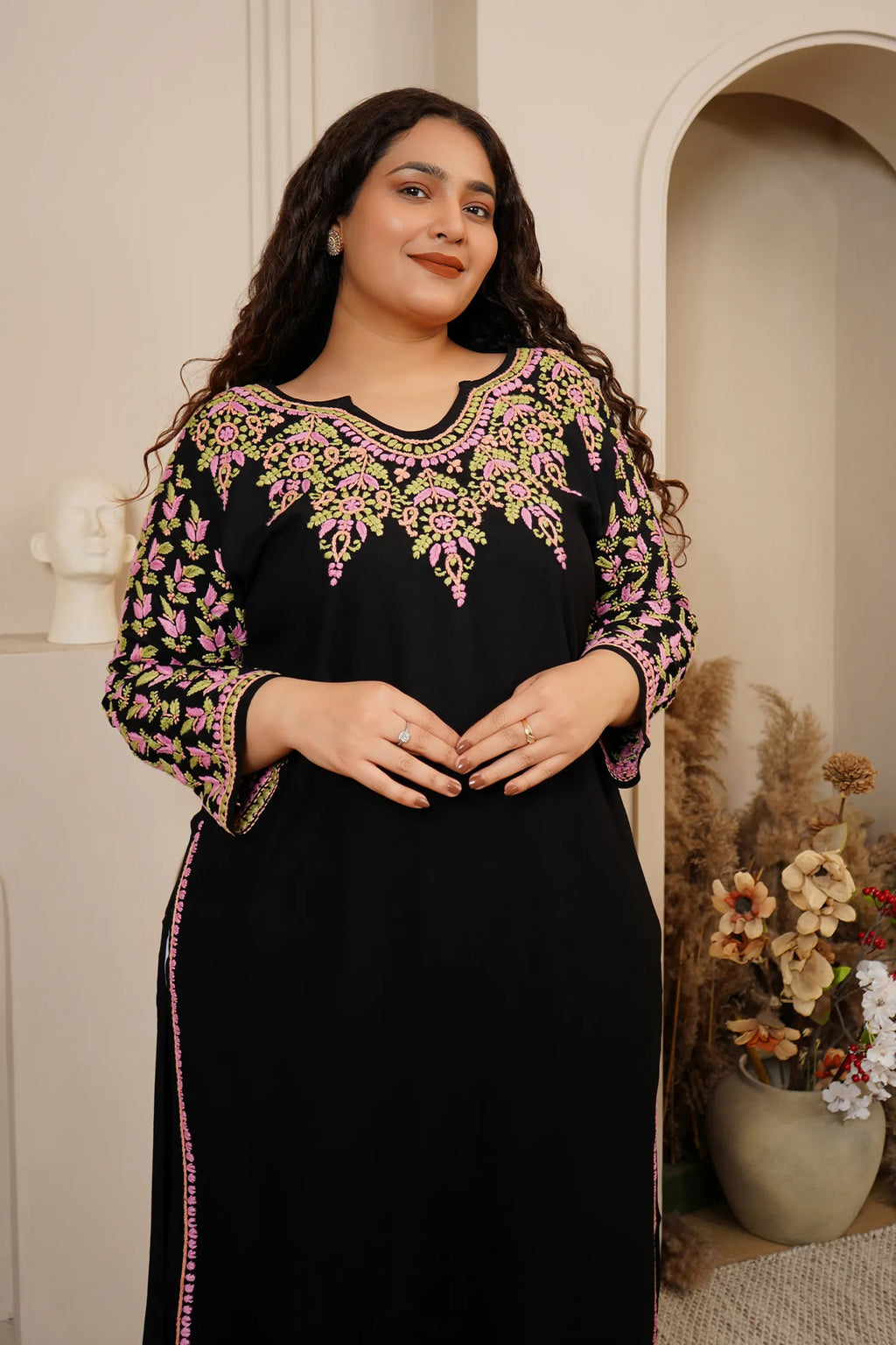 Plus Size - HOK Saba Chikankari Long Kurta in Rayon Cotton - Black
