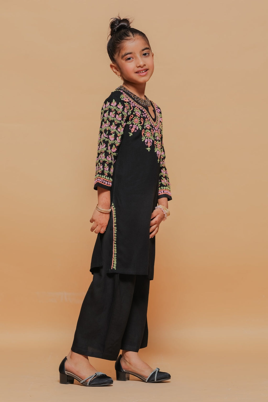 Kids Black Hand-Embroidered Chikankari Rayon Long Kurta