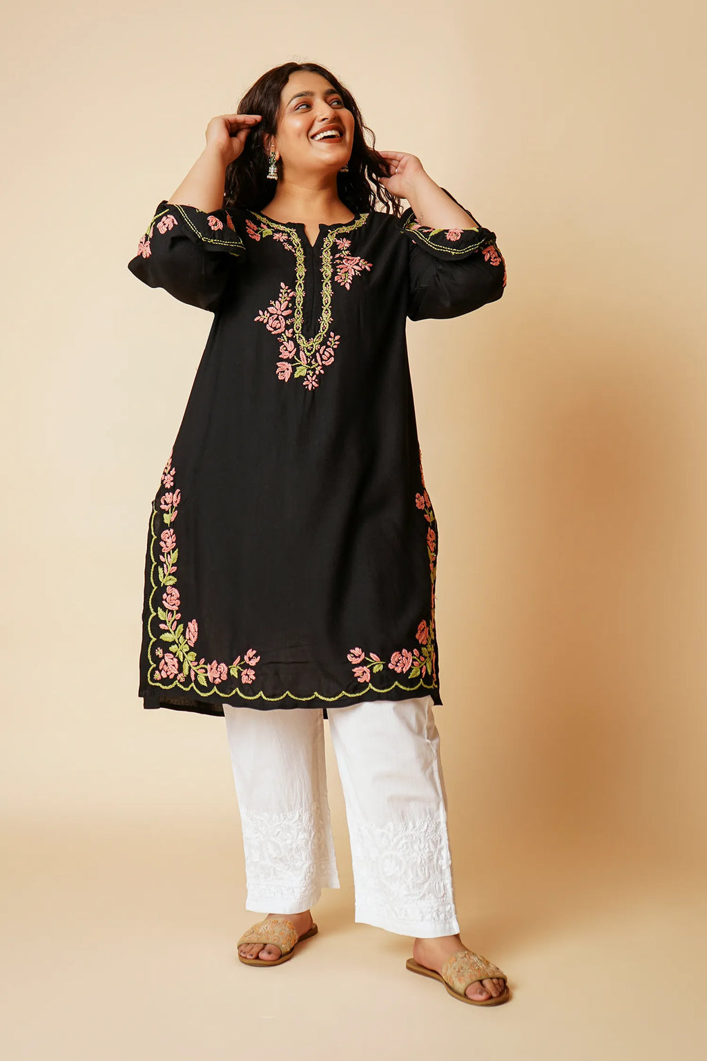 Plus Size - HOK Saba Chikankari Long Kurta in Rayon Cotton - Black