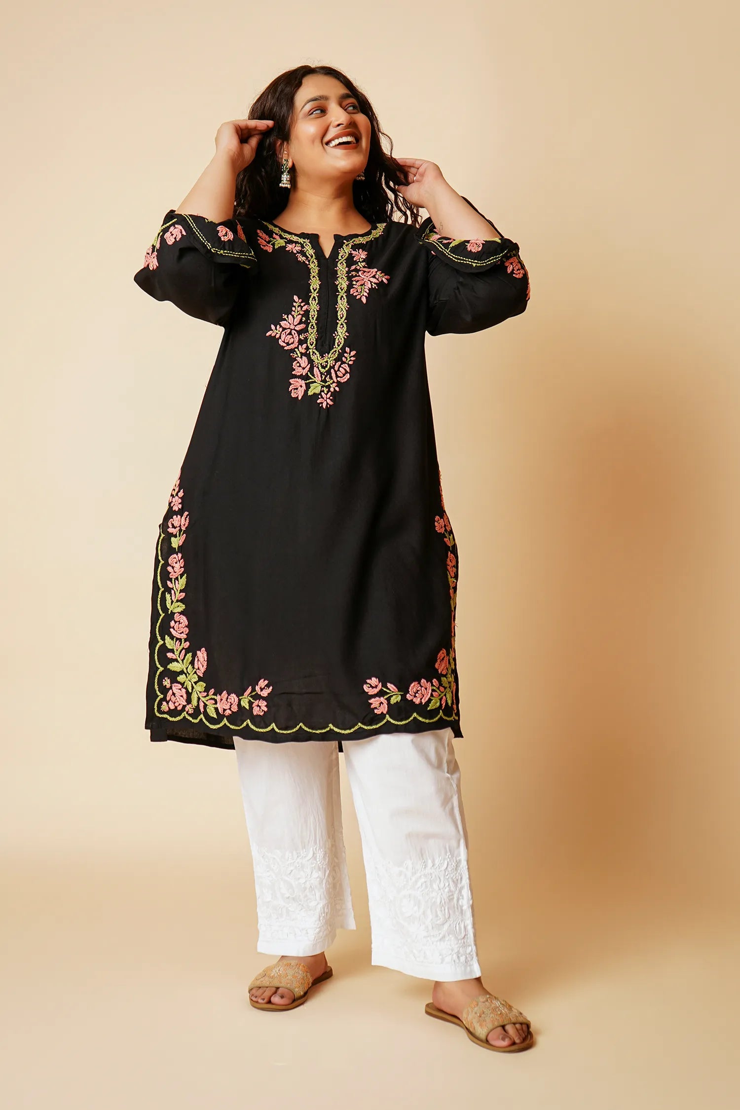 Plus Size - HOK Saba Chikankari Long Kurta in Rayon Cotton - Black
