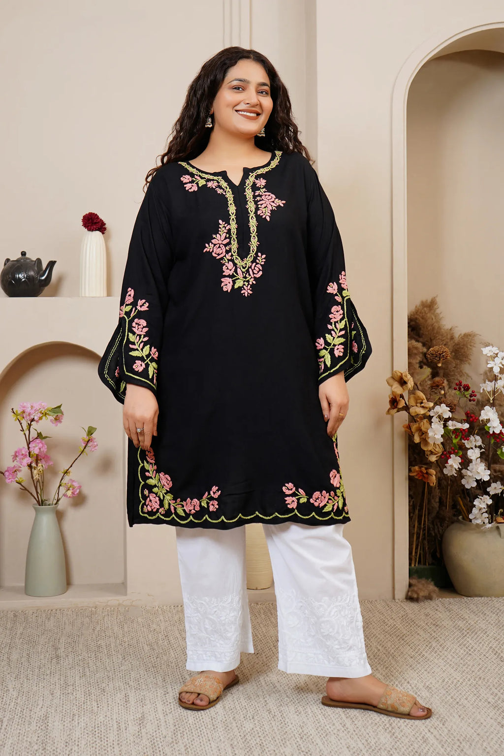 Plus Size - HOK Saba Chikankari Long Kurta in Rayon Cotton - Black