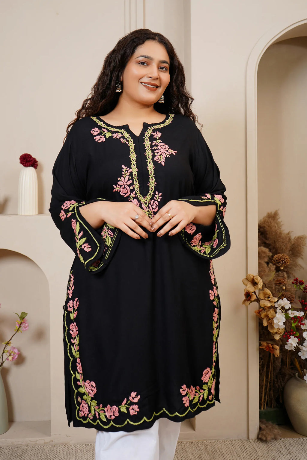 Plus Size - HOK Saba Chikankari Long Kurta in Rayon Cotton - Black