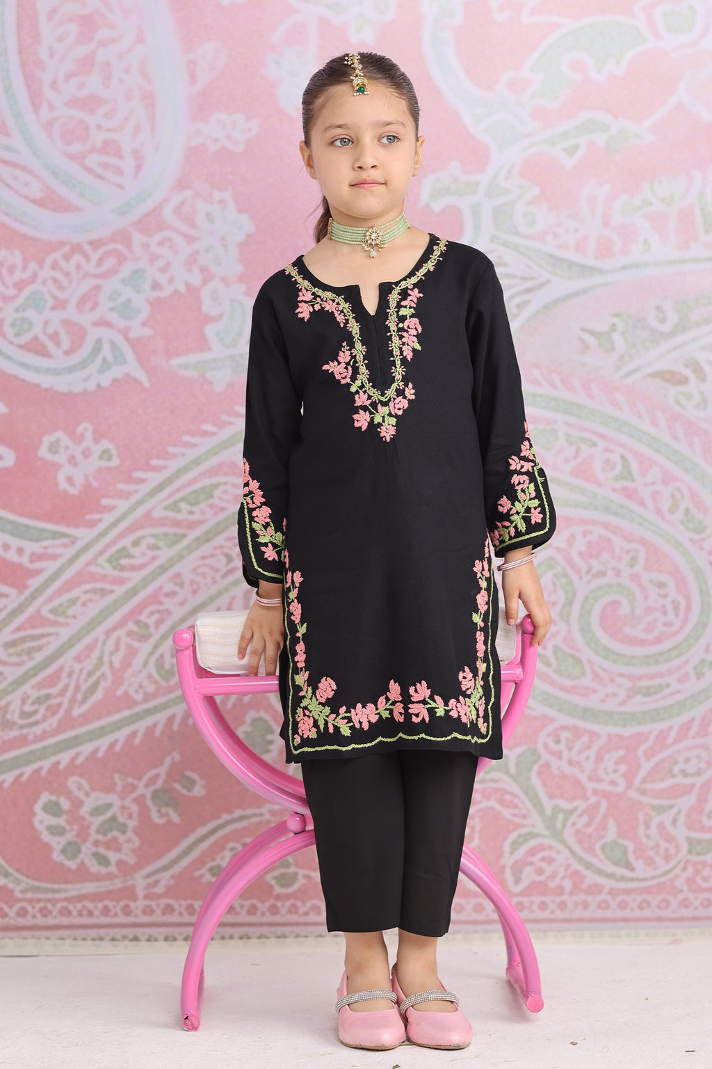 Kids Black Hand-Embroidered Chikankari Rayon Long Kurta