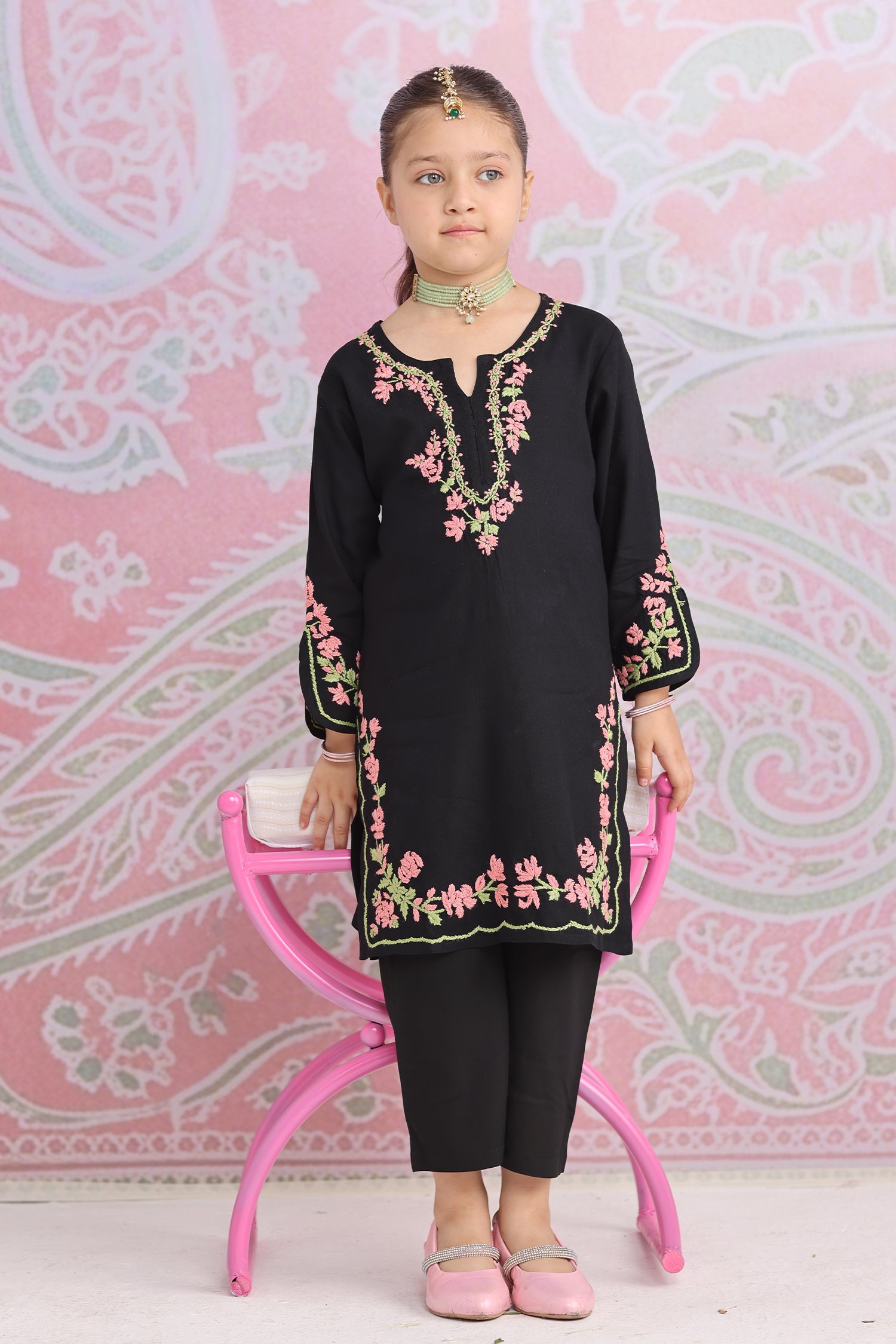 Kids Black Hand-Embroidered Chikankari Rayon Long Kurta