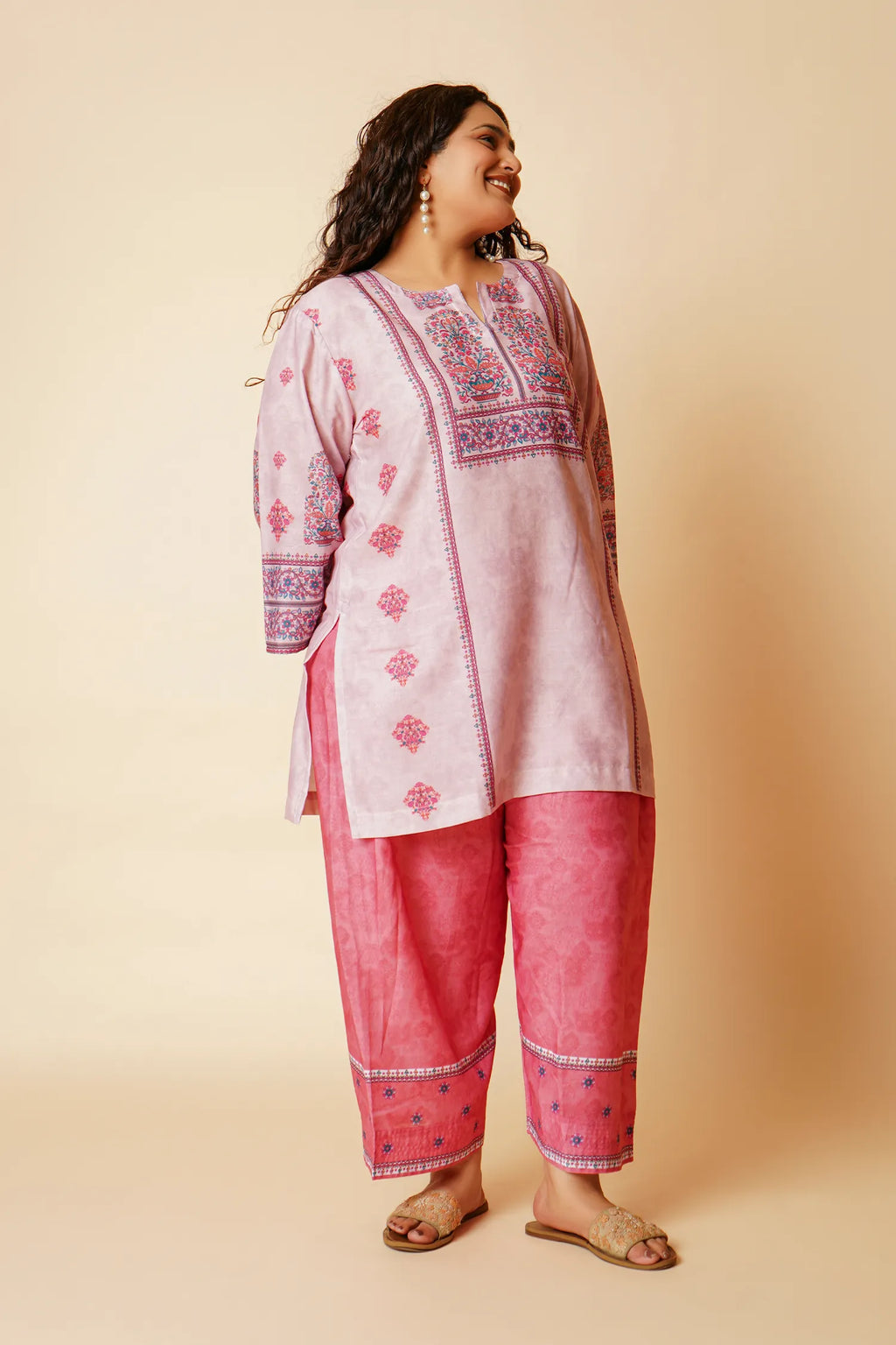 Plus Size - Lawn Cotton Printkari Co-ord Set – Blush Pink Floral with Farsi Pant