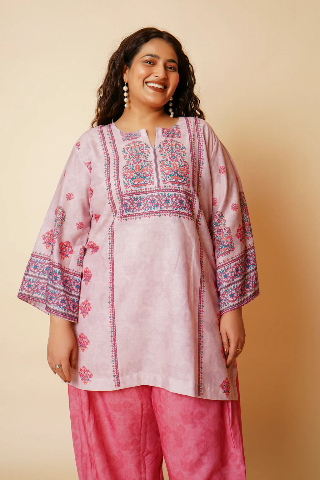 Plus Size - Lawn Cotton Printkari Co-ord Set – Blush Pink Floral with Farsi Pant