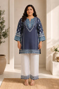 Plus Size - Lawn Cotton Printkari Co-ord Set - Navy Blue & White With Straight pant