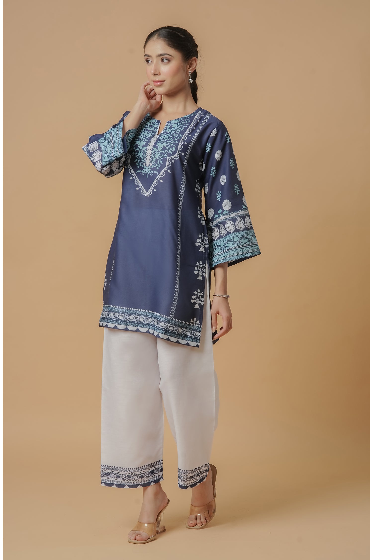 Plus Size - Lawn Cotton Printkari Co-ord Set - Navy Blue & White With Straight pant