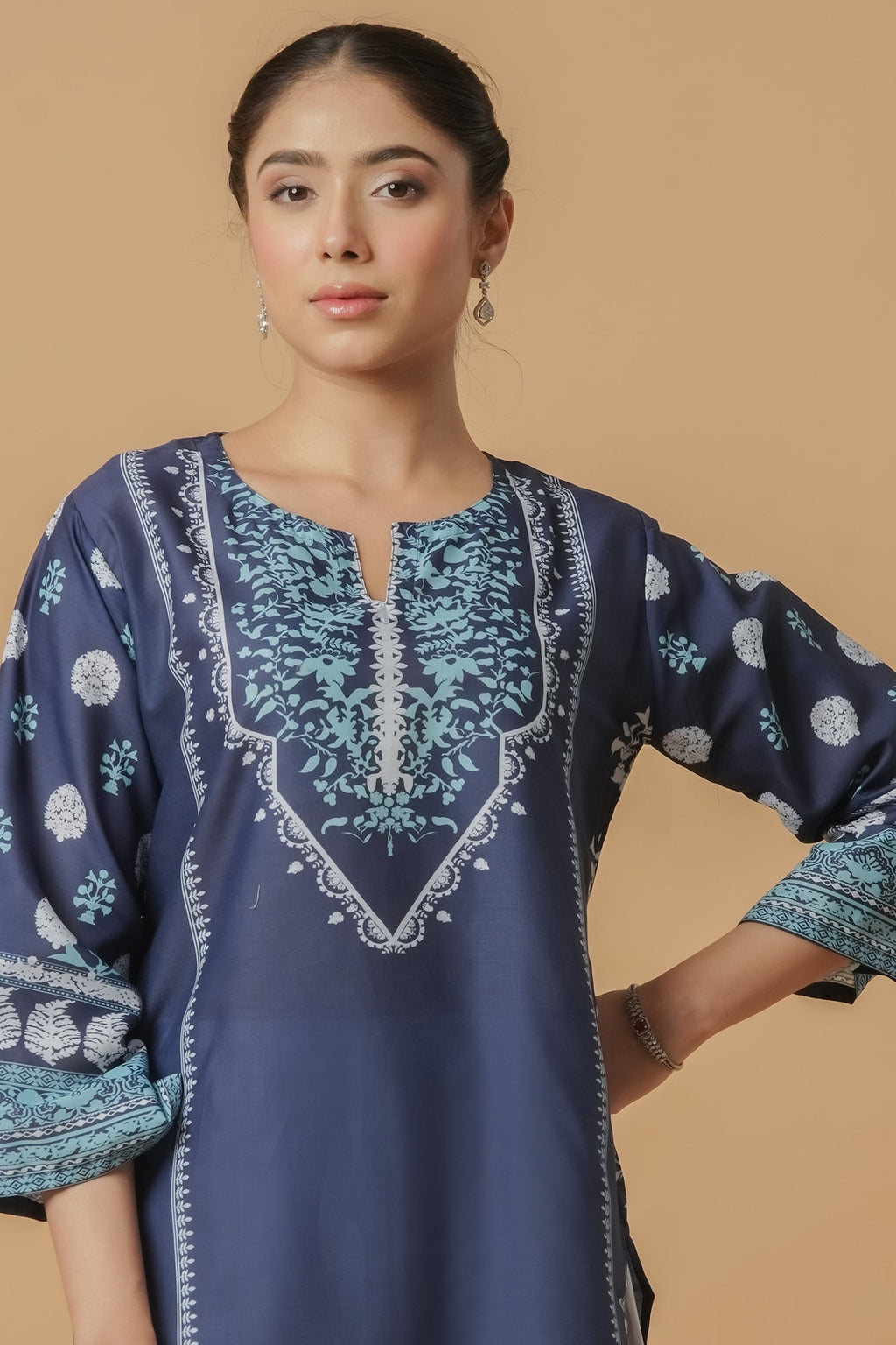 Plus Size - Lawn Cotton Printkari Co-ord Set - Navy Blue & White With Straight pant