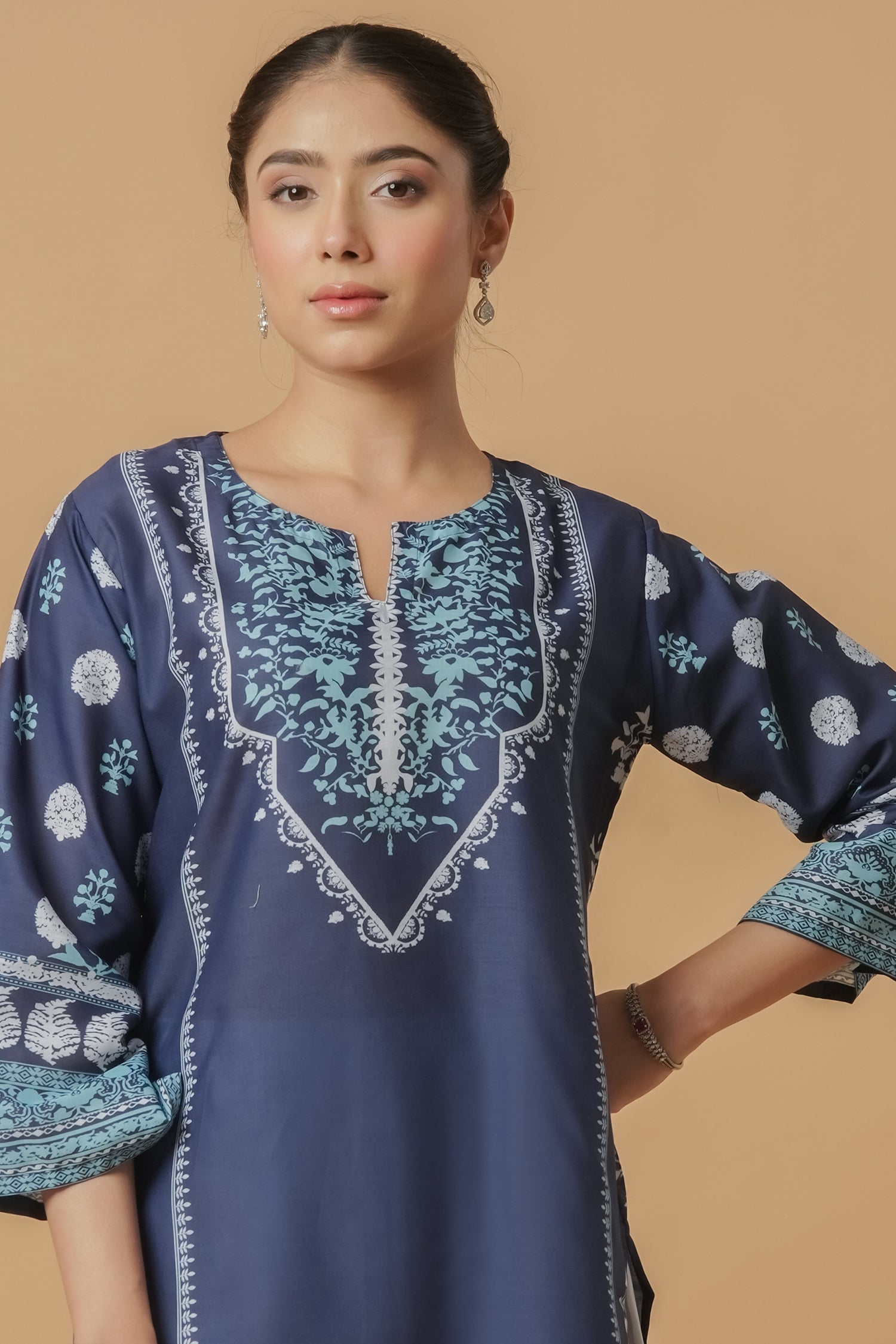 Plus Size - Lawn Cotton Printkari Co-ord Set - Navy Blue & White With Straight pant