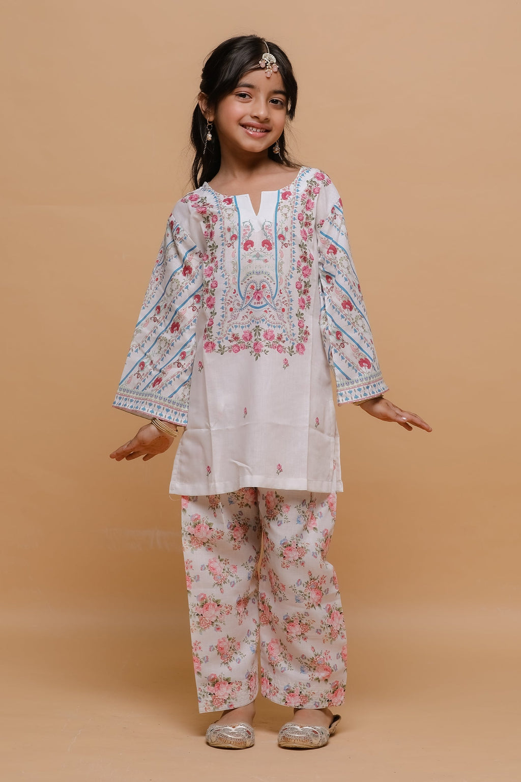 Kids White Floral Printed Lawn Cotton Co-ord Set