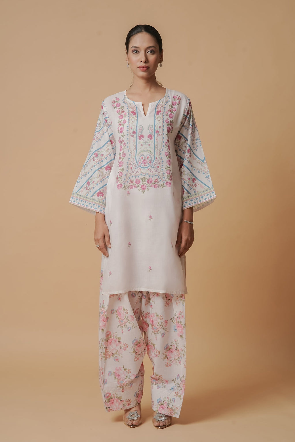 Plus Size - Lawn Cotton Co-ord Set - White with Pink Floral Print with Farsi Pant
