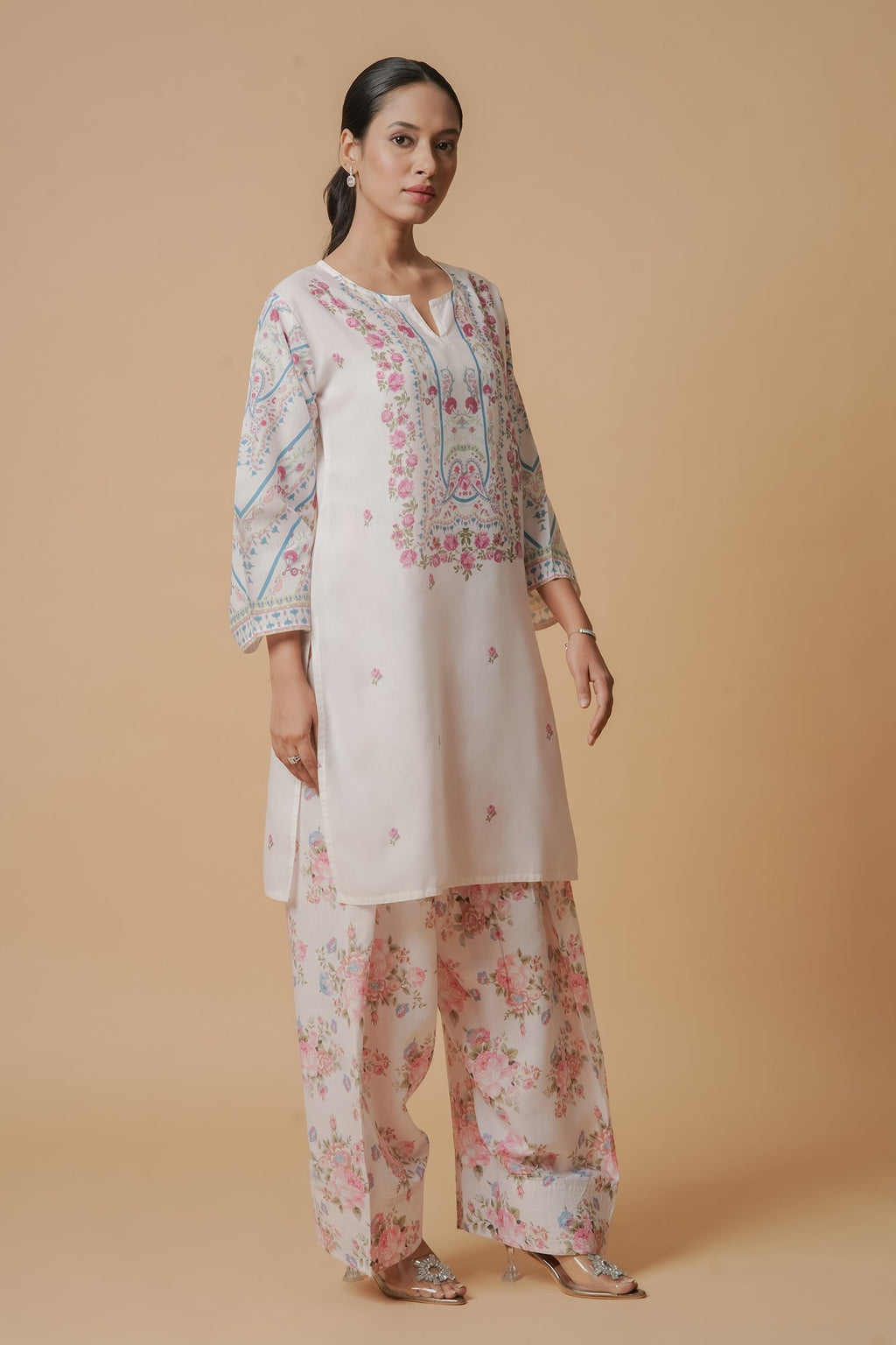 Plus Size - Lawn Cotton Co-ord Set - White with Pink Floral Print with Farsi Pant