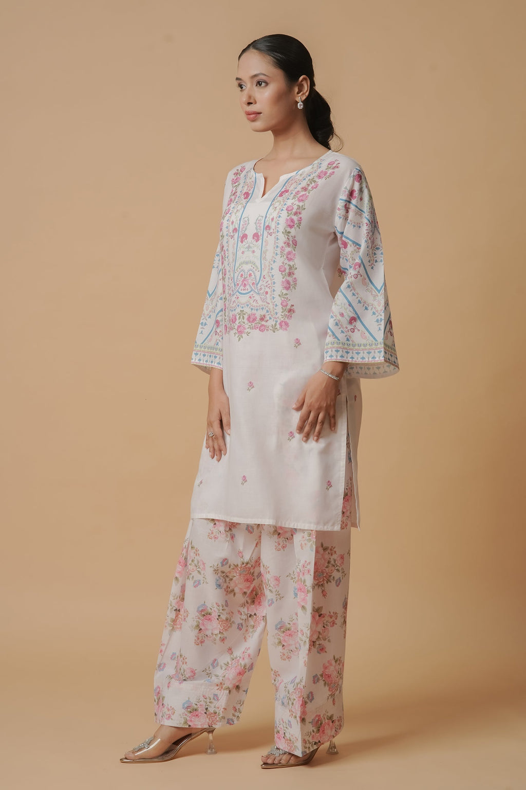 Plus Size - Lawn Cotton Co-ord Set - White with Pink Floral Print with Farsi Pant
