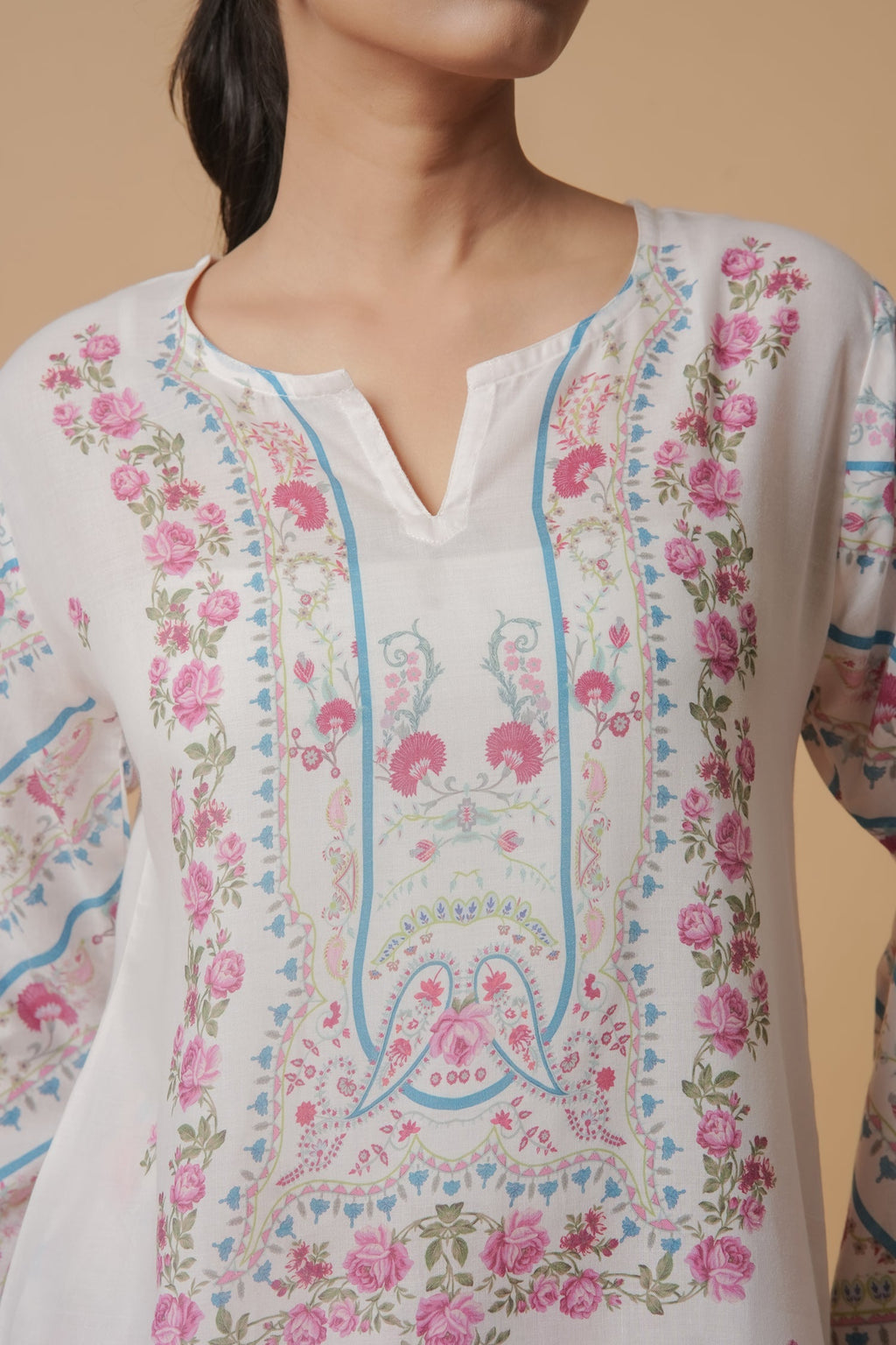 Plus Size - Lawn Cotton Co-ord Set - White with Pink Floral Print with Farsi Pant