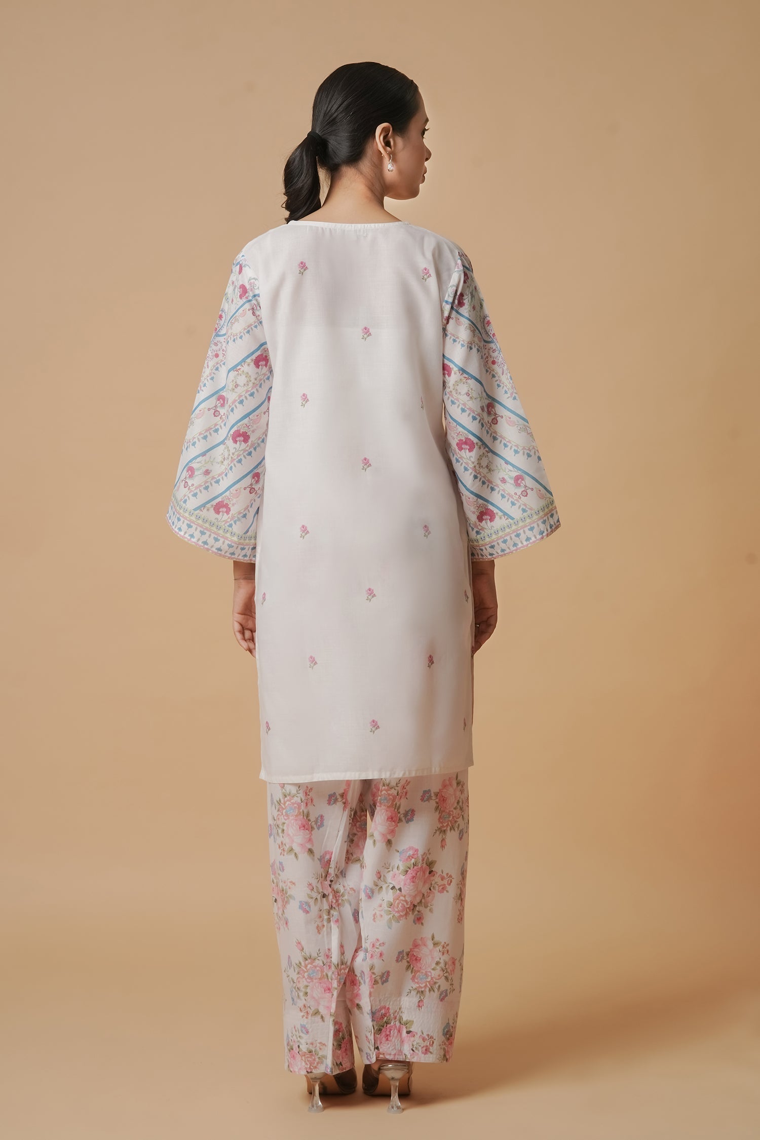 Plus Size - Lawn Cotton Co-ord Set - White with Pink Floral Print with Farsi Pant