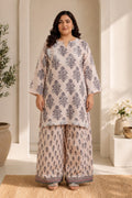 Plus Size - Lawn Cotton Co-ord Set - Beige with Navy Floral Print with Farsi Pant