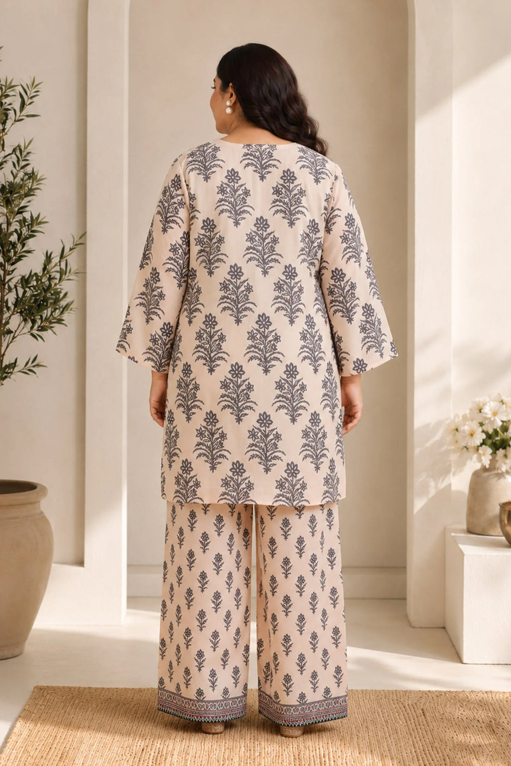 Plus Size - Lawn Cotton Co-ord Set - Beige with Navy Floral Print with Farsi Pant