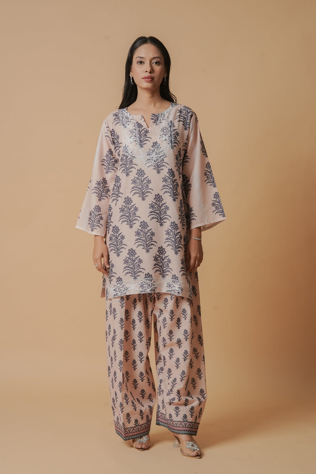 Plus Size - Lawn Cotton Co-ord Set - Beige with Navy Floral Print with Farsi Pant