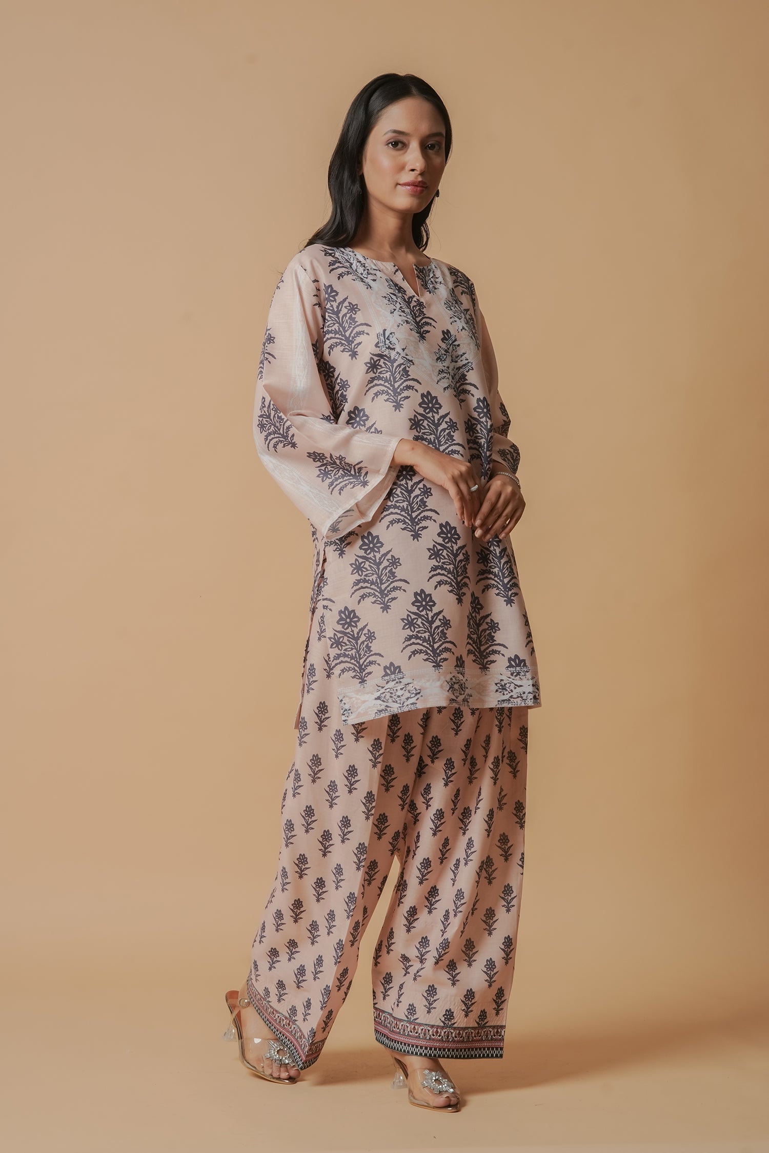 Anureet in Lawn Cotton Co-ord Set - Beige with Navy Floral Print with Farsi Pant