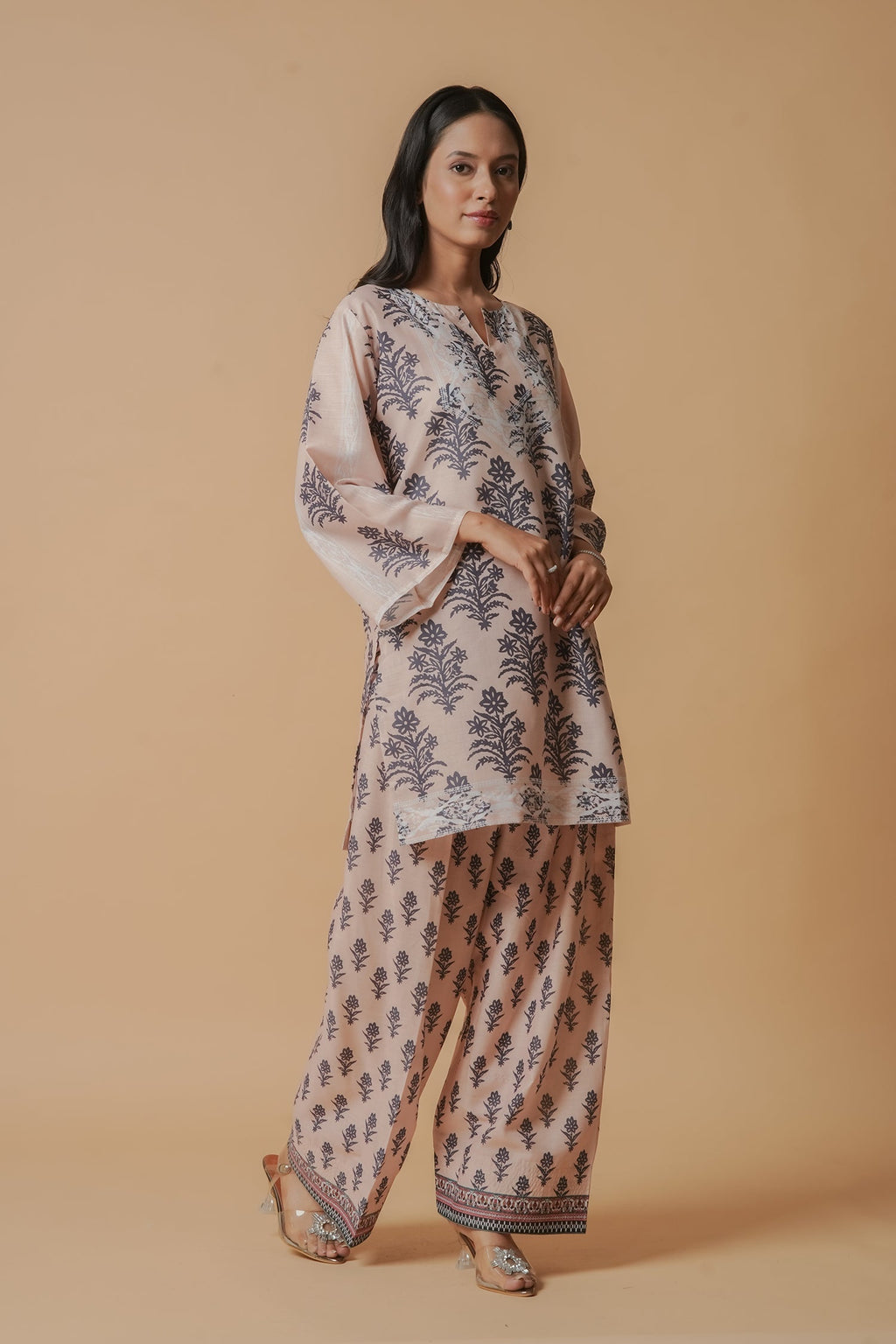 Plus Size - Lawn Cotton Co-ord Set - Beige with Navy Floral Print with Farsi Pant