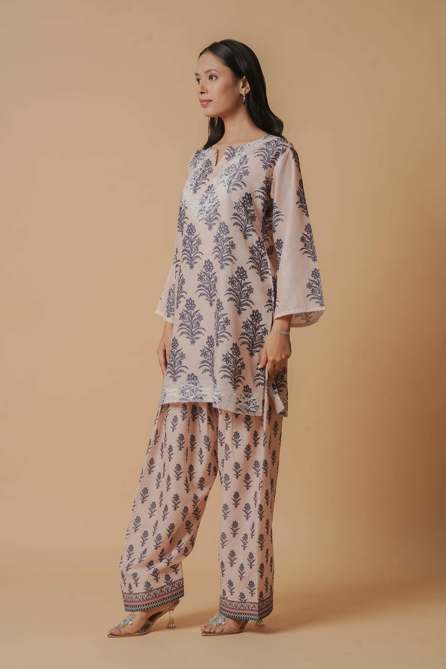 Plus Size - Lawn Cotton Co-ord Set - Beige with Navy Floral Print with Farsi Pant