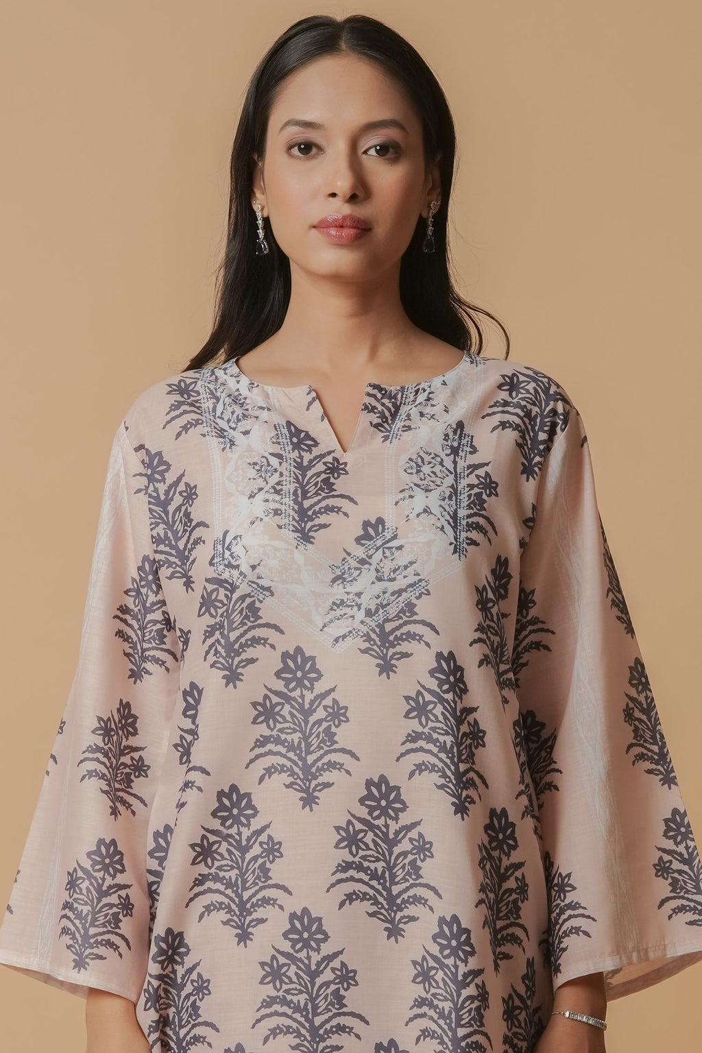 Plus Size - Lawn Cotton Co-ord Set - Beige with Navy Floral Print with Farsi Pant