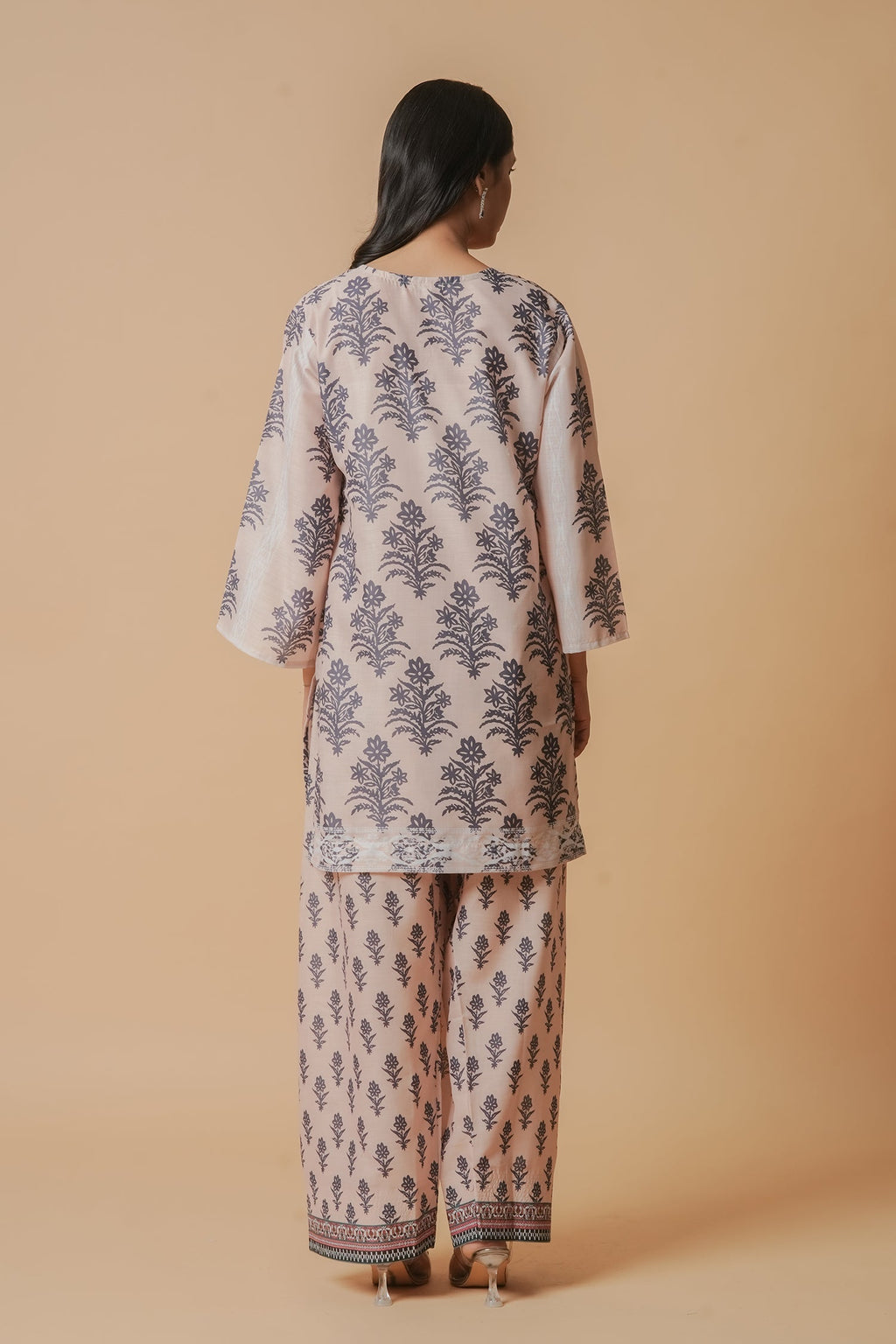 Plus Size - Lawn Cotton Co-ord Set - Beige with Navy Floral Print with Farsi Pant
