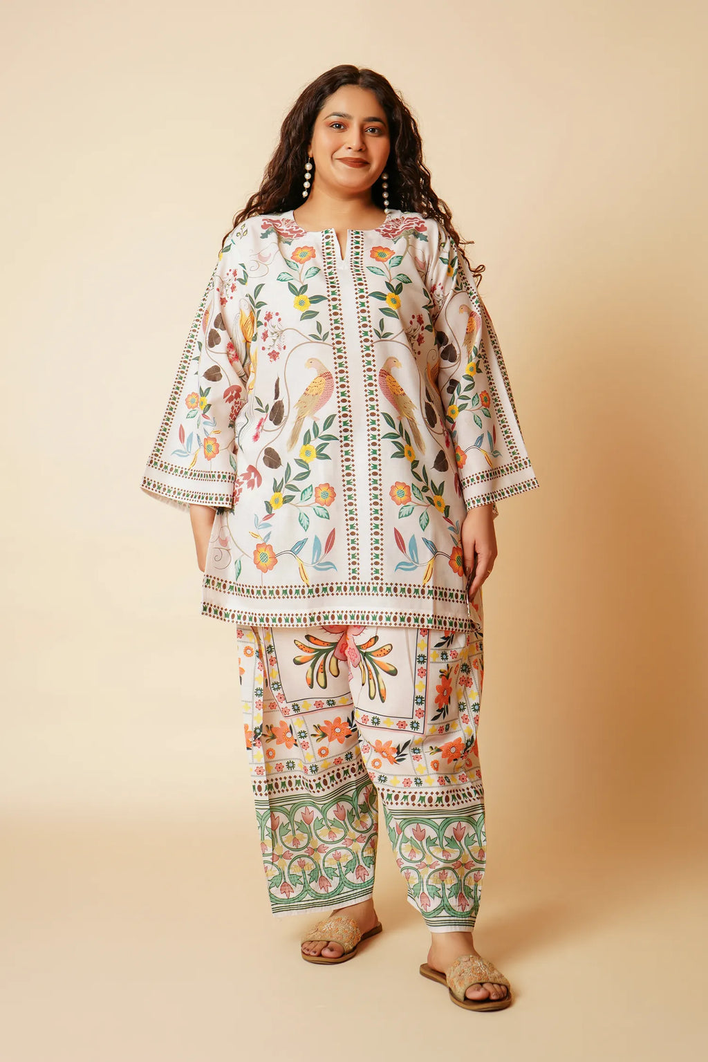 Plus Size - Lawn Cotton Co-ord Set - Off White with Bird and Floral Print with Farsi Pant