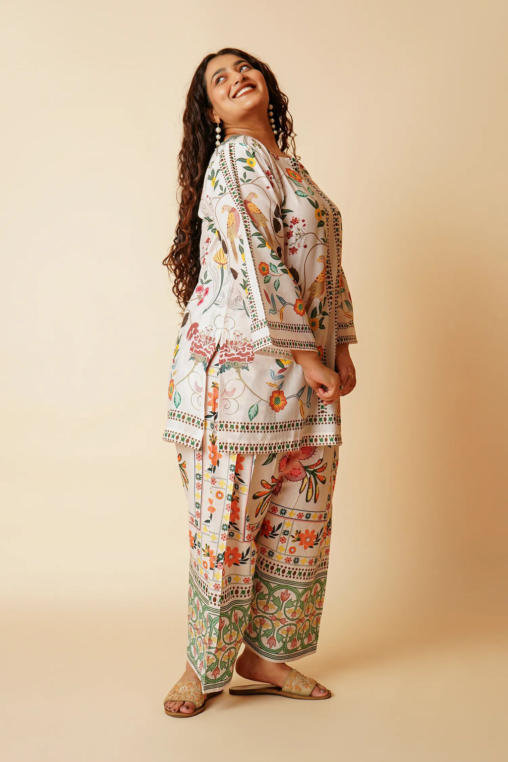 Plus Size - Lawn Cotton Co-ord Set - Off White with Bird and Floral Print with Farsi Pant