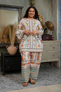 Plus Size - Lawn Cotton Co-ord Set - Off White with Bird and Floral Print with Farsi Pant