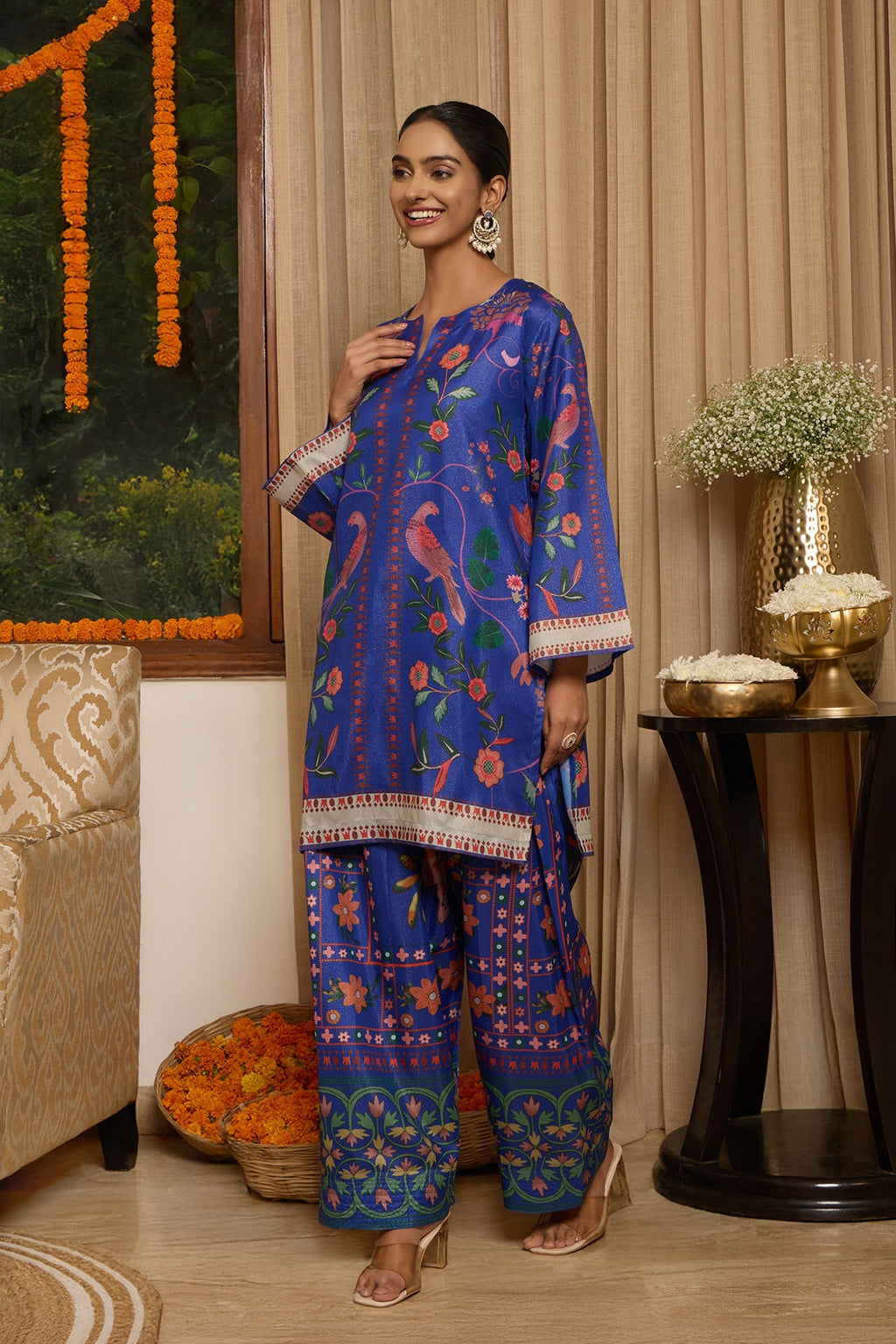 Lawn Cotton Shimmer Printed Cord Set with Bird & Floral Print - Royal Blue